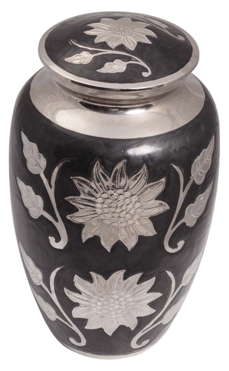 10” Brass Cremation Urn – Black with Silver Floral Motifs – Hand-Crafted - Solid Urns for Ashes at Wholesale